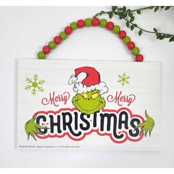 Grinch Merry Christmas Door Wall Hanging Sign Wooden Beads Red Green Ruz 10" NEW - Picture 2 of 6
